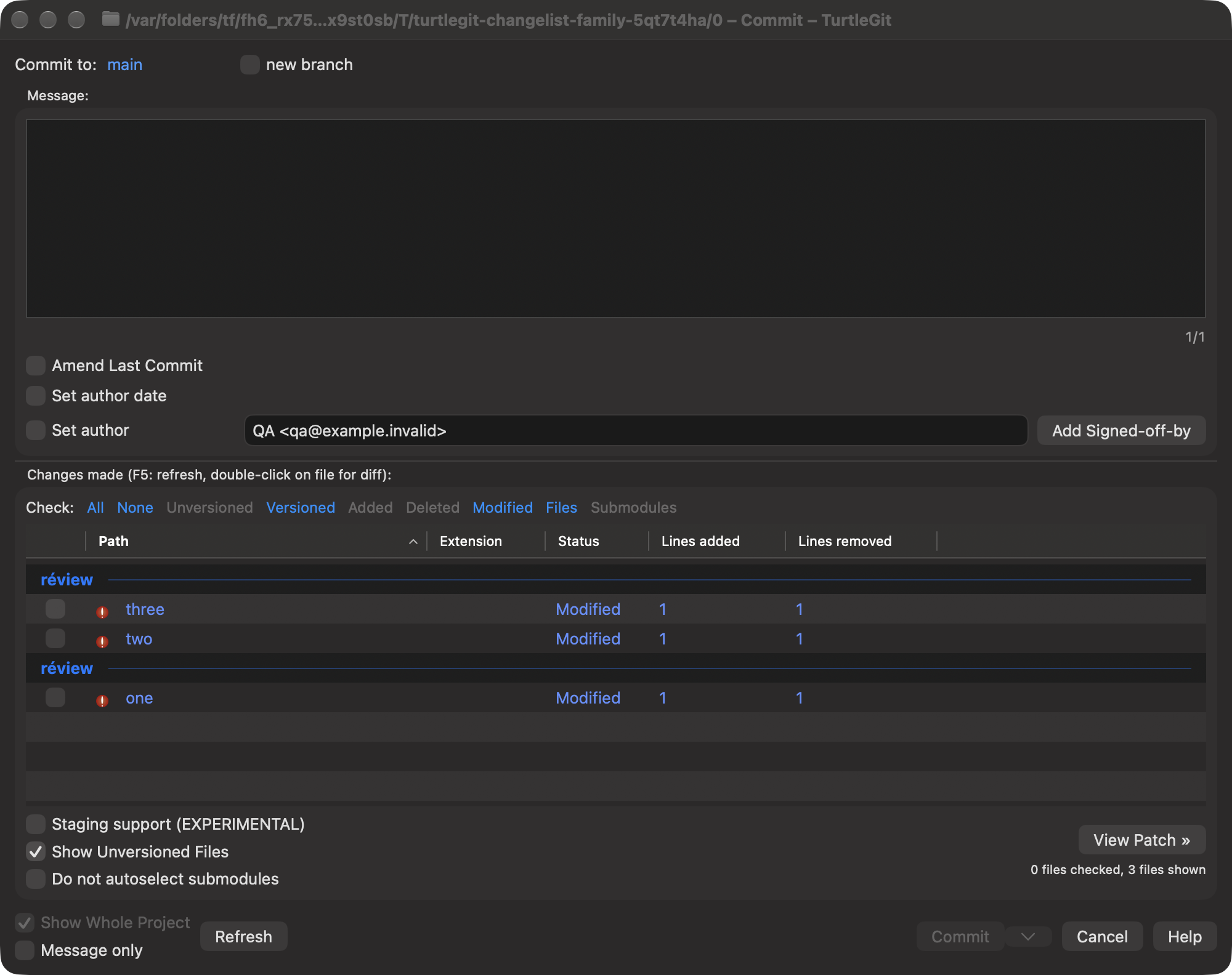 Commit with byte-distinct changelist names, dark