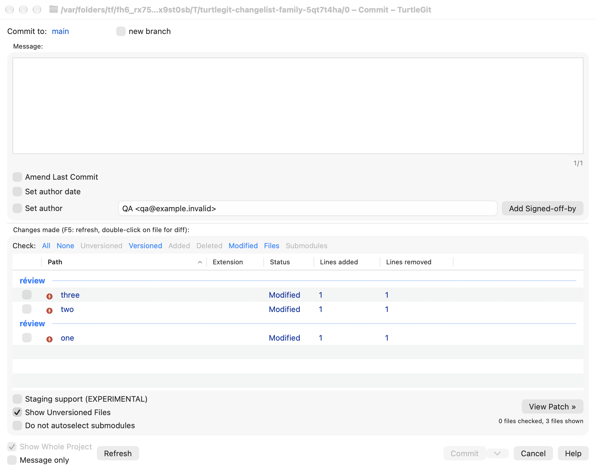 Commit with byte-distinct changelist names, light