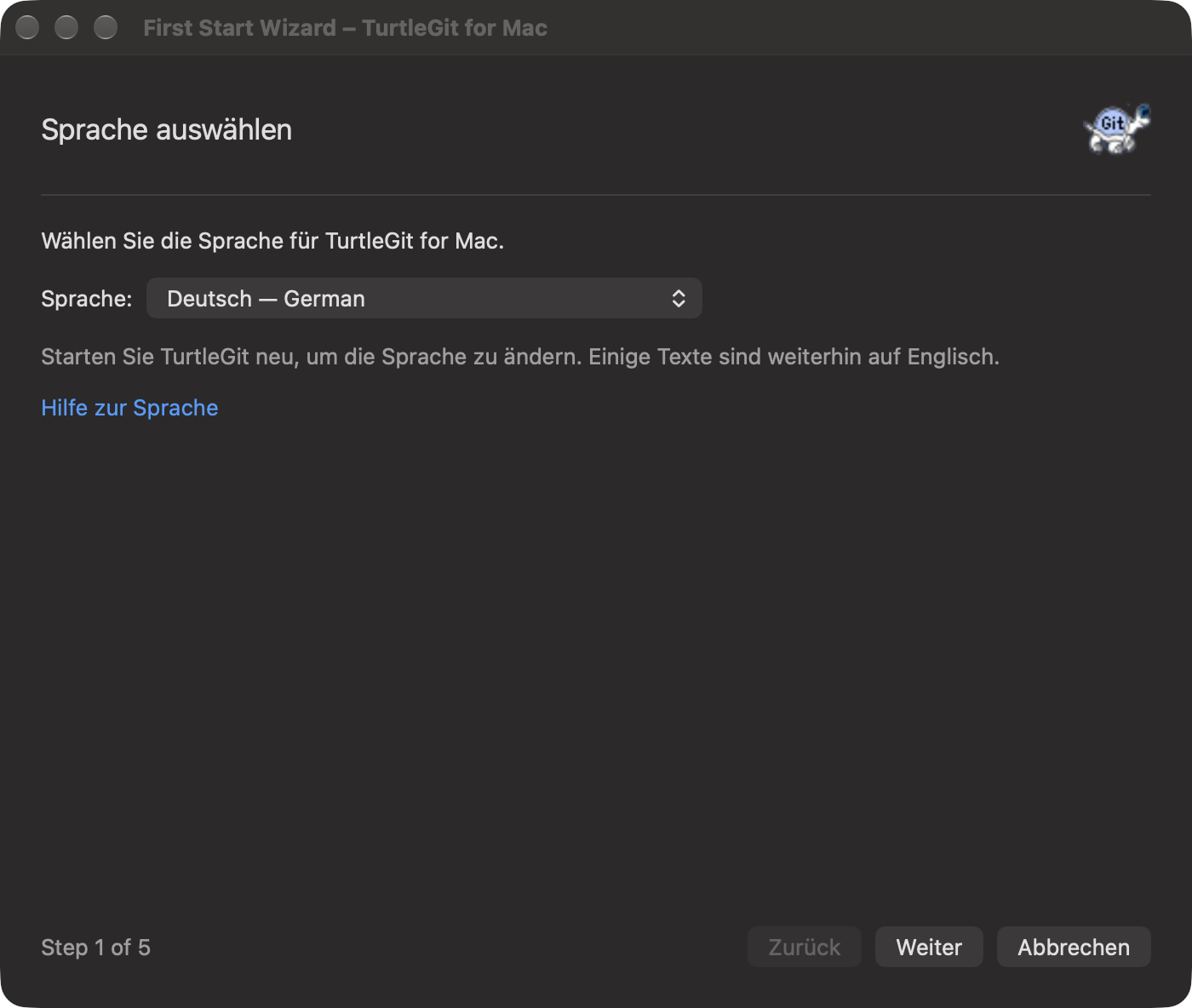 First Start language page in German, dark