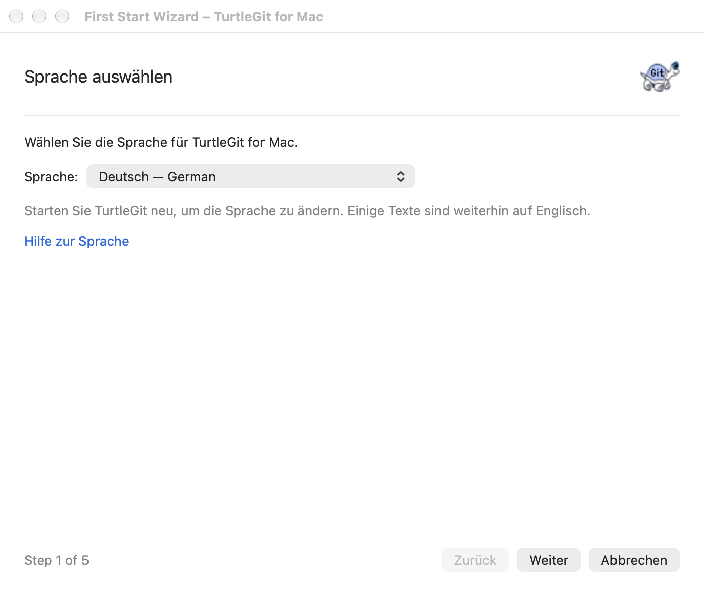 First Start language page in German, light