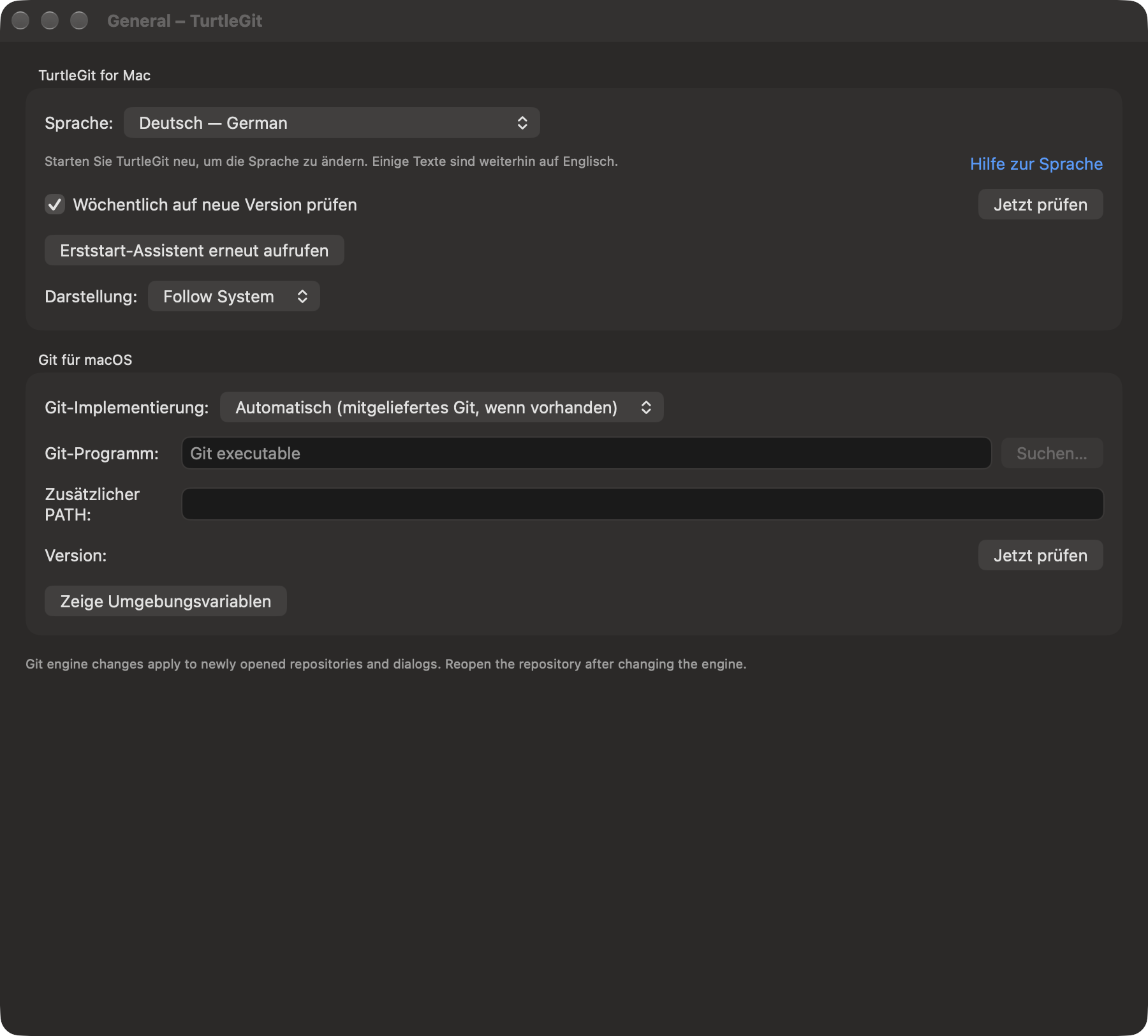 General language settings in German, dark