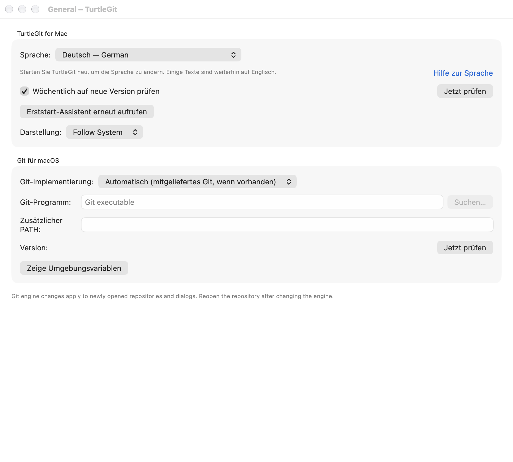 General language settings in German, light