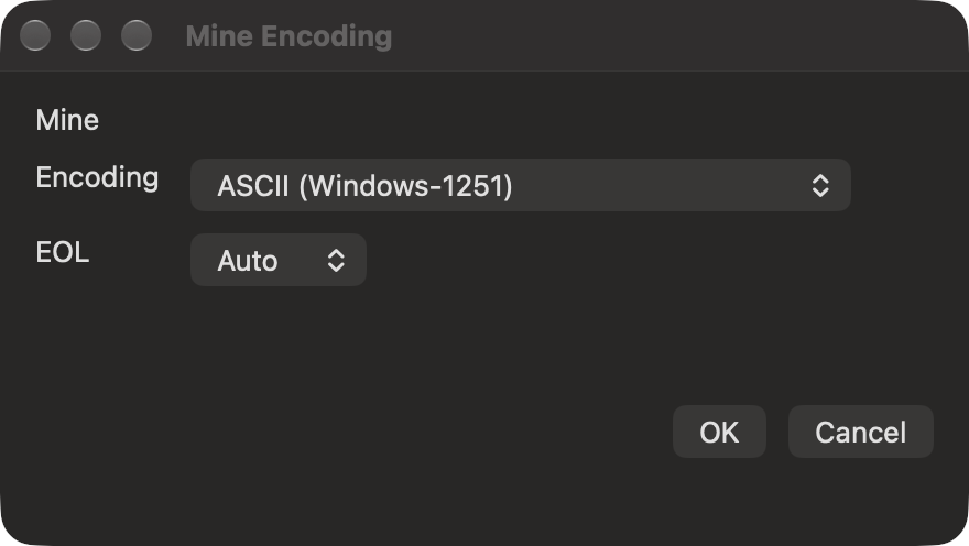 Legacy encoding dialog, dark