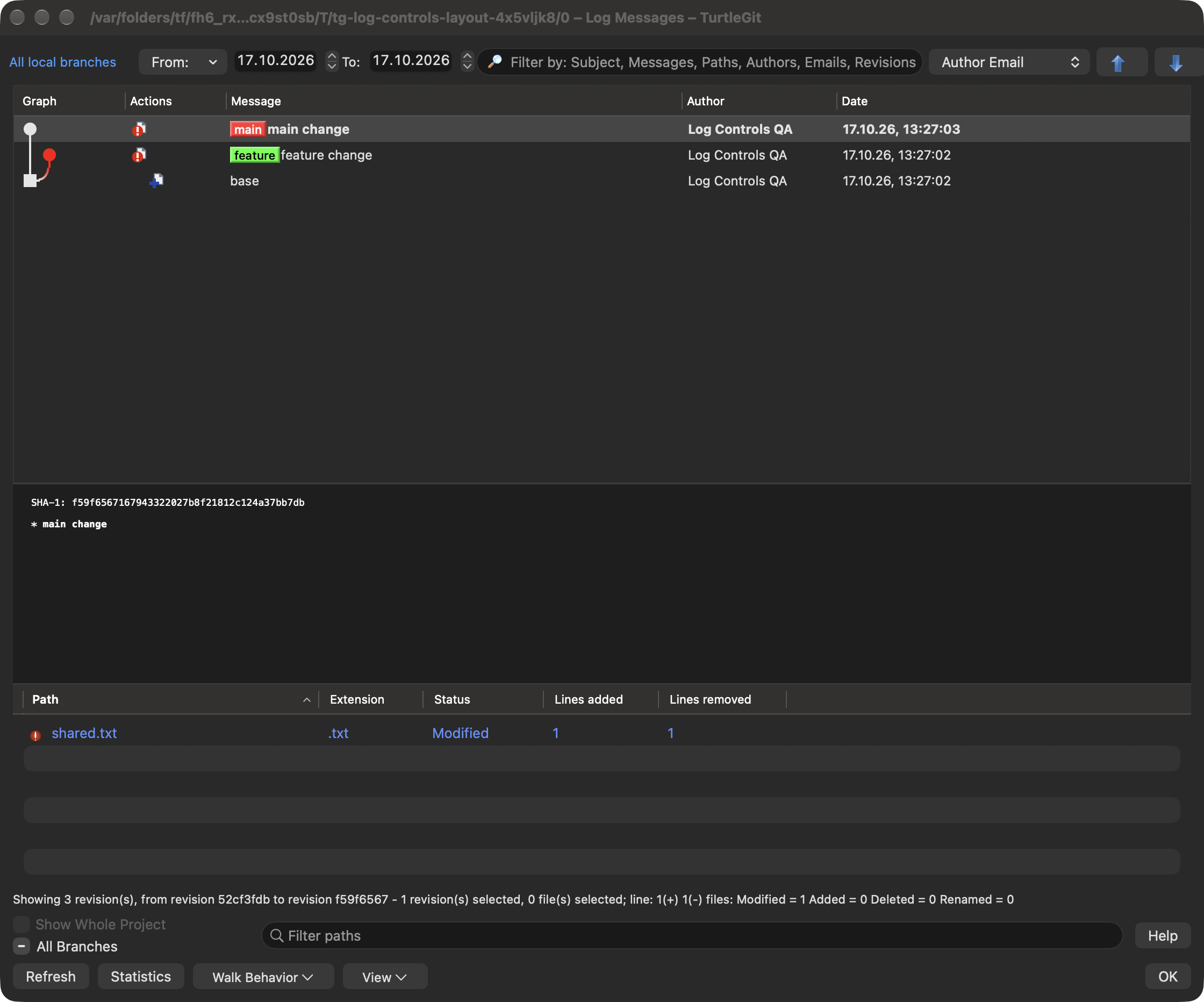 Native Log controls and saved pane layout, dark appearance
