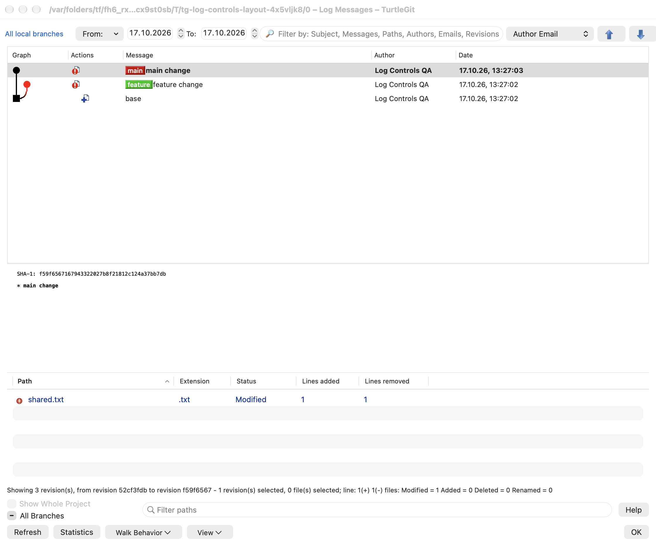 Native Log controls and saved pane layout, light appearance