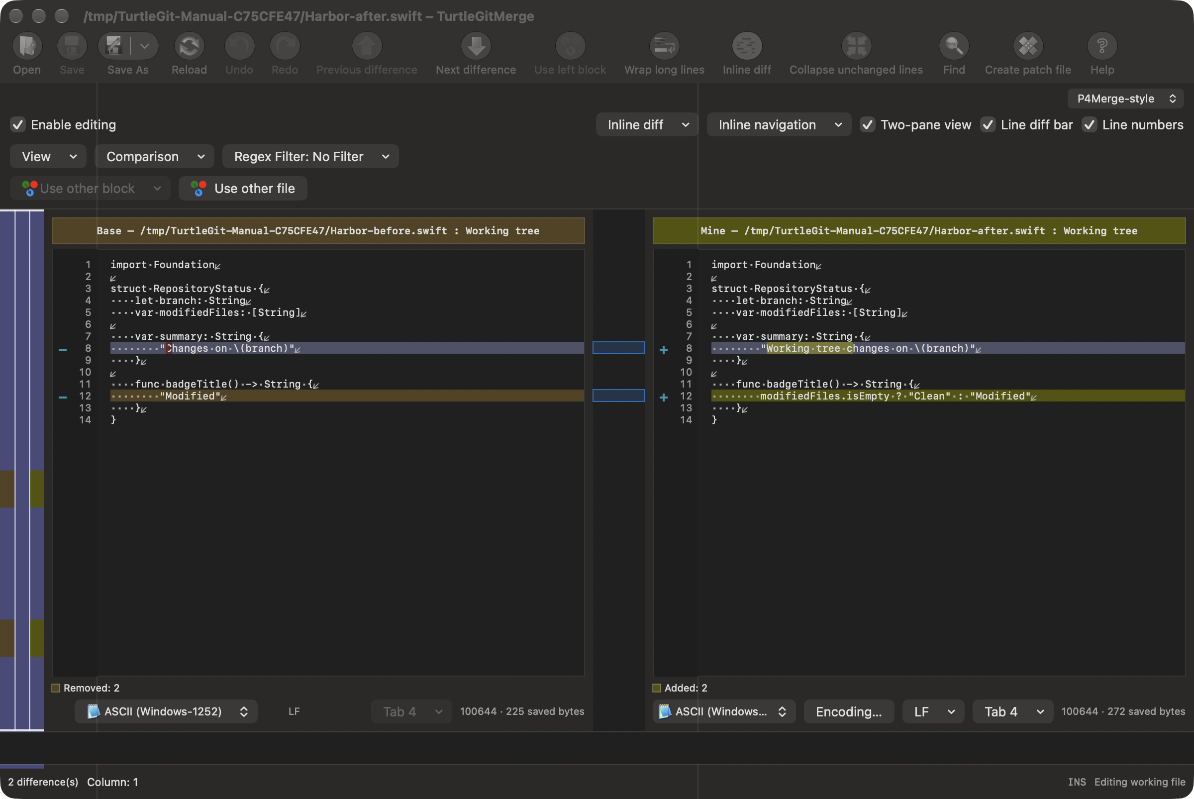 Two-file comparison in dark mode with the compact P4Merge-style selector