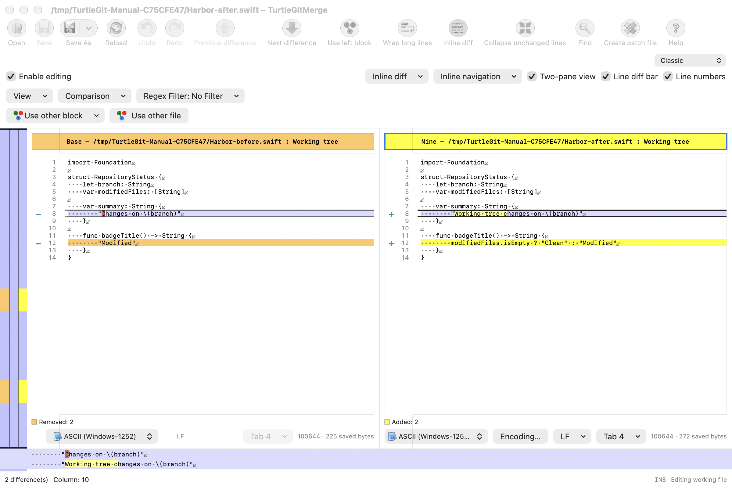 Two-file comparison in light mode with the compact Classic selector