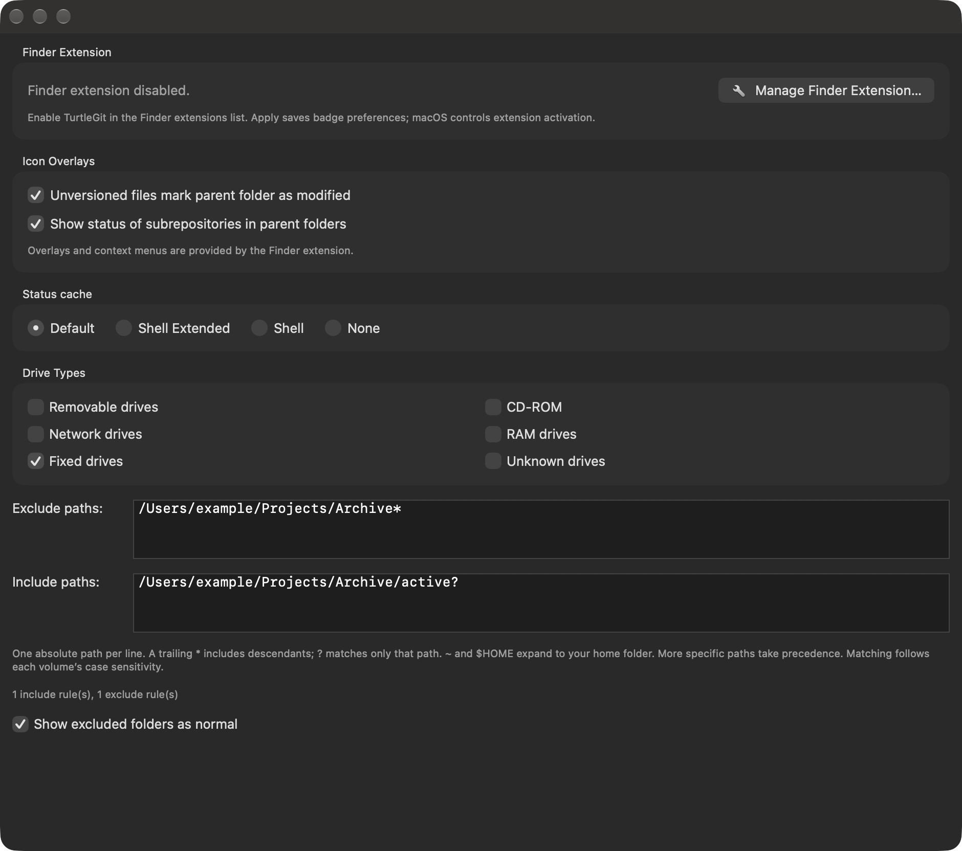 Finder cache settings in dark appearance