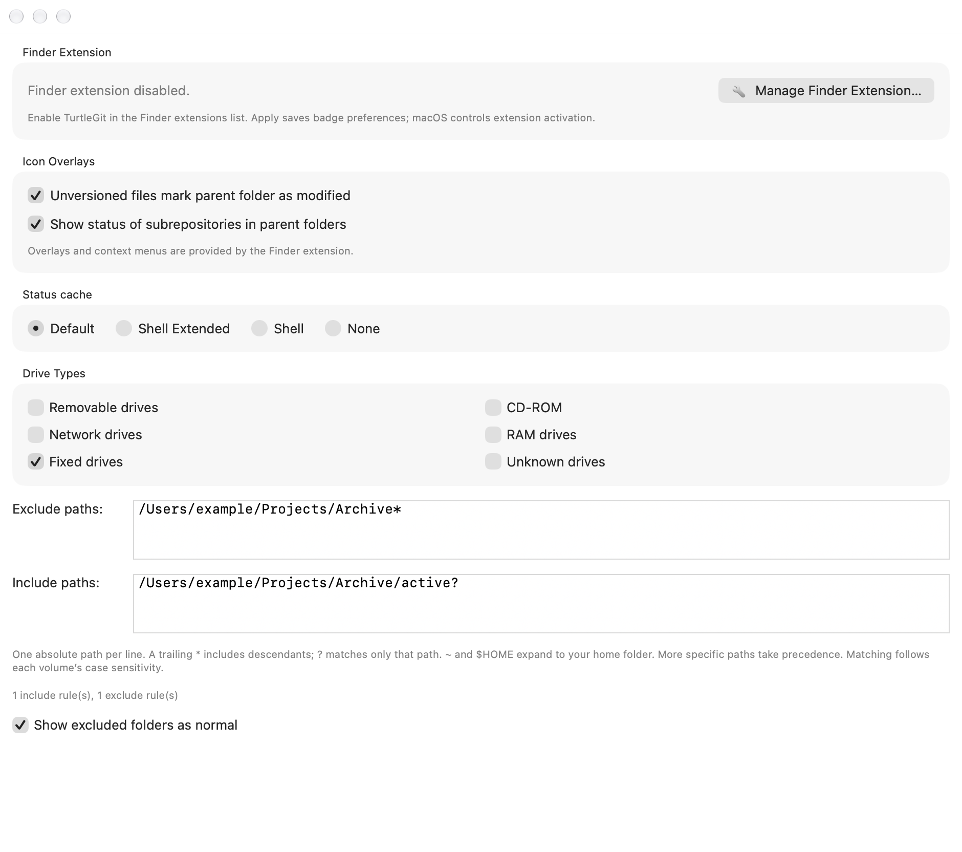 Finder cache settings in light appearance
