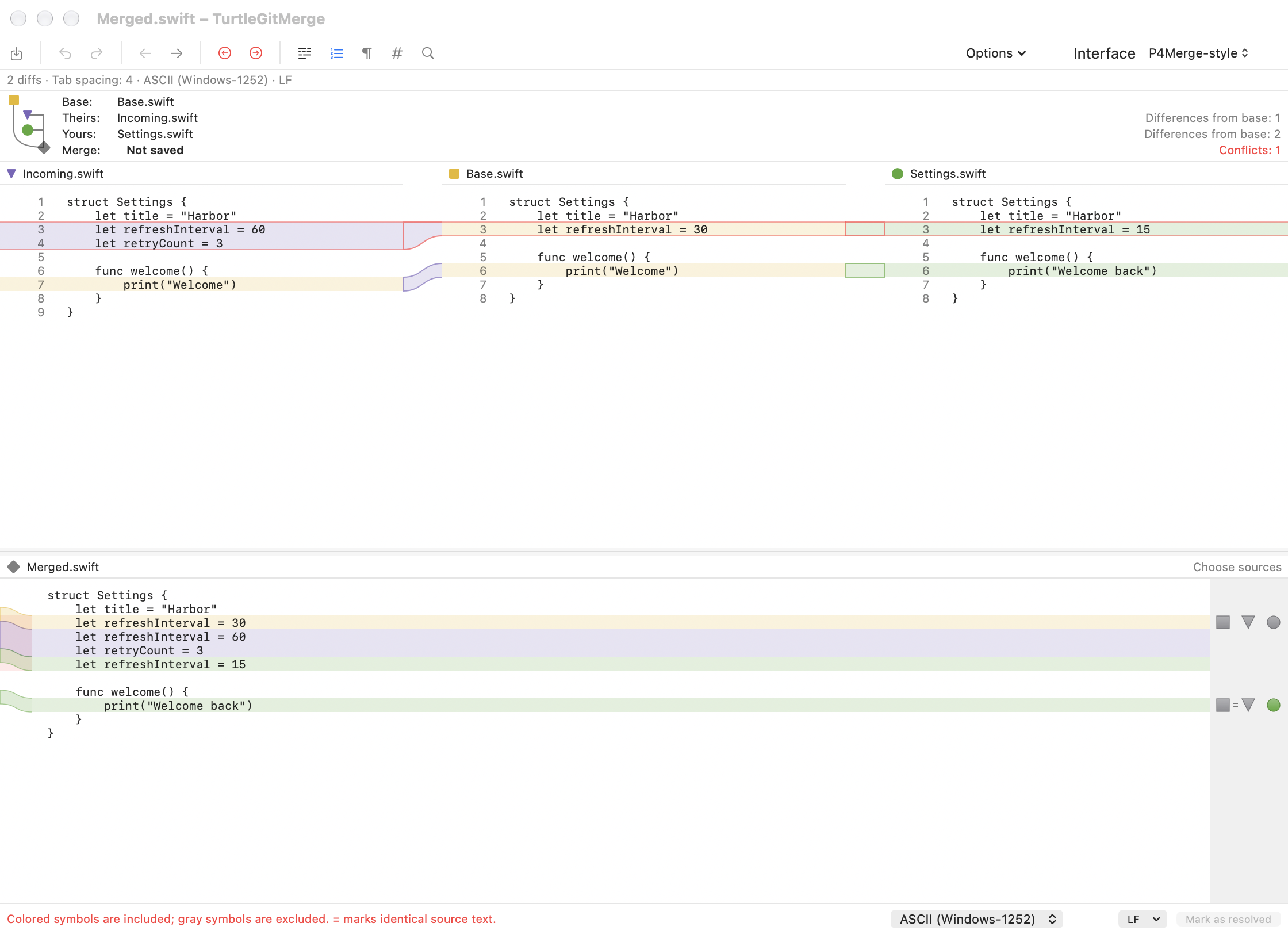 Unresolved four-pane merge with candidate text and compact source selectors