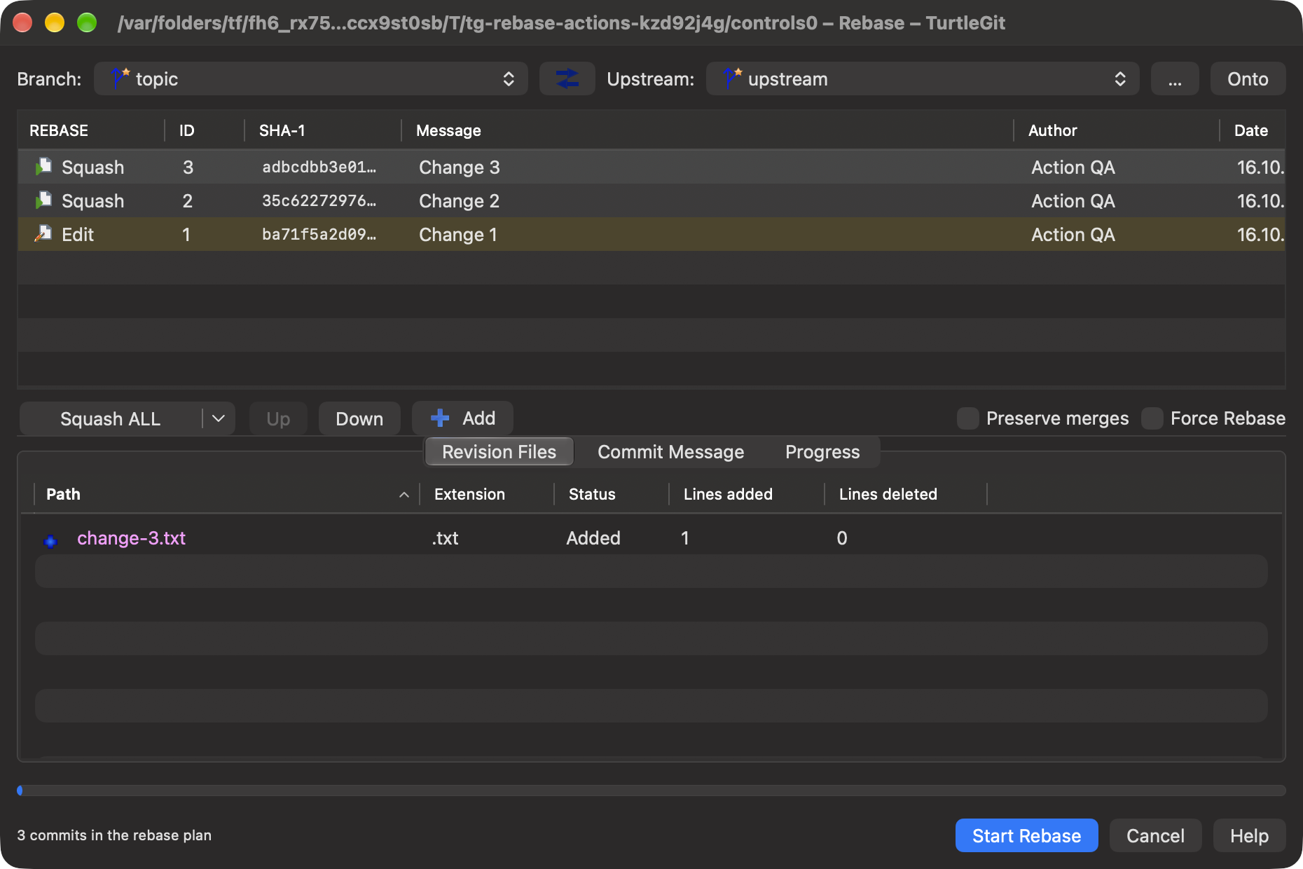 Rebase action row, dark appearance