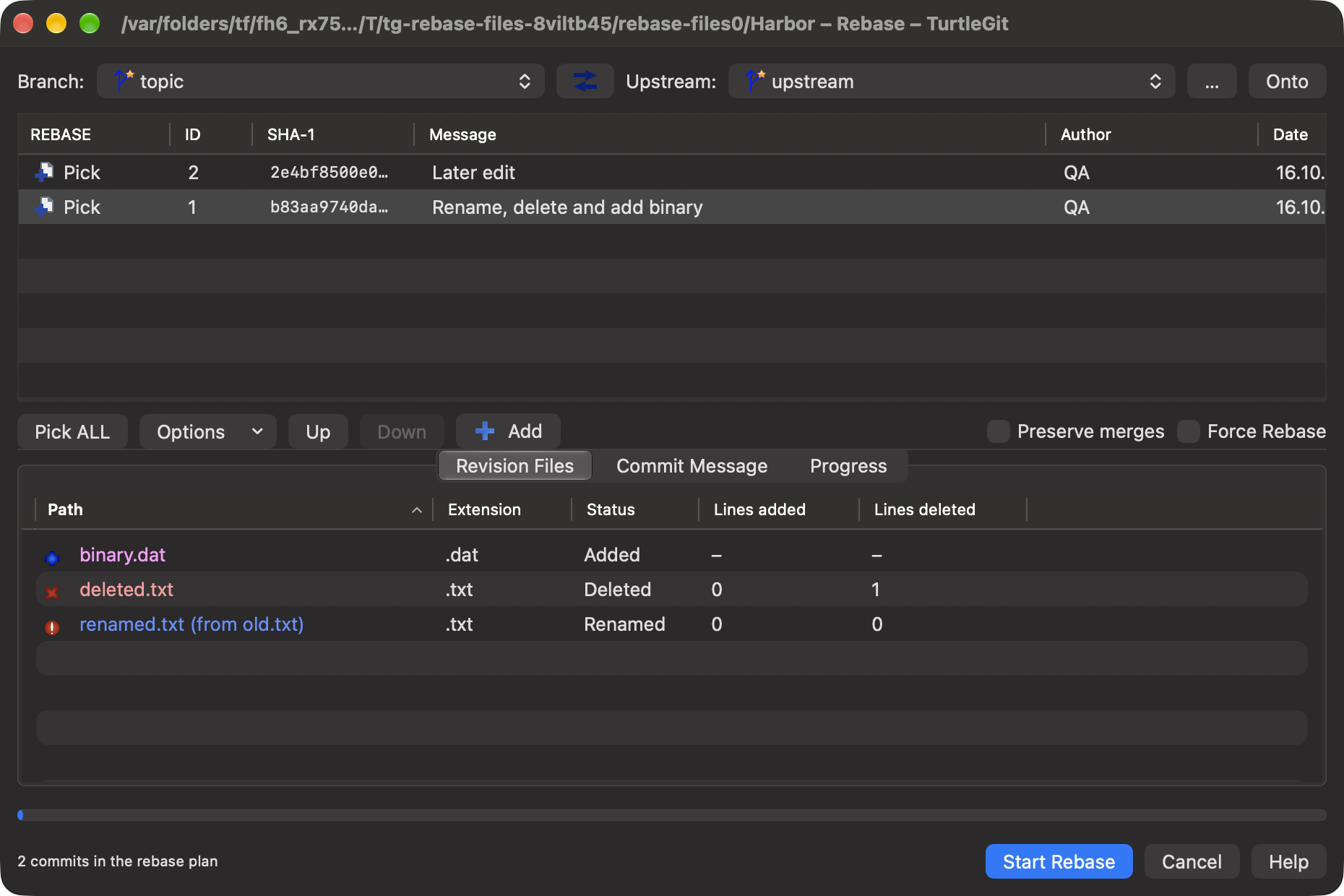 Native Rebase Revision Files in dark appearance