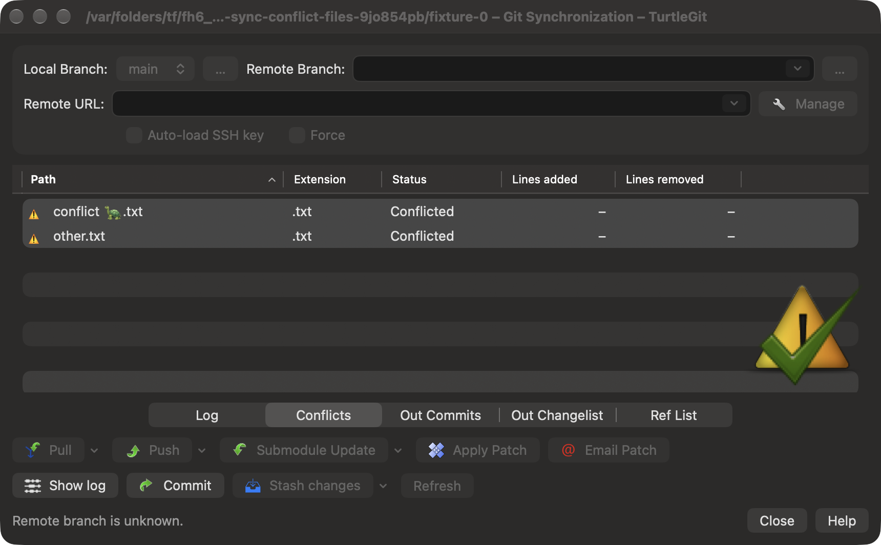 Sync conflict status table, dark